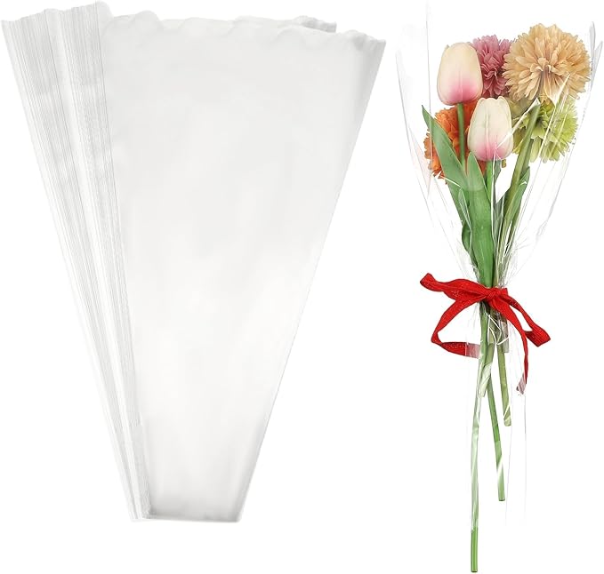 YELARXI Clear Flower Wrapping Bags, Transparent Flower Packaging Bag Waterproof Durable Bouquet Sleeves - Fitting for (Florists/Floral Arrangements Supplies), 9.1x2.6x15.7 Inch & 100Pcs