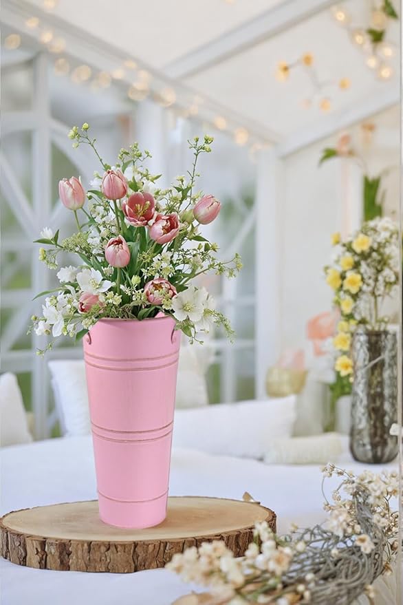 9 Inch Galvanized Metal Vases for Flowers - 2 Pcs Farmhouse Decorative Tall Flower Bucket with Handles, Rustic French Tin Planter Buckets for Wedding Decor (Pink)