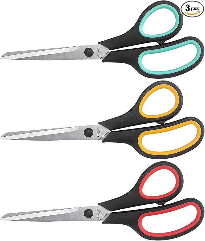 Scissors 8.5 Inch scissors all purpose Bulk Set of 3, Scissors for Office Home School Craft Supplies, Soft Comfort-Grip Right/Left Hand, Black