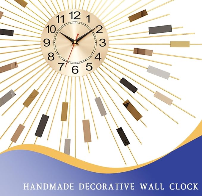 24" Large Sunburst Wall Clock, Boho Modern Farmhouse Metal Decorative Clock, Silent Non‑Ticking Battery Powered, Mid‑Century Starburst Art Decor for Living Room Bedroom Office Home