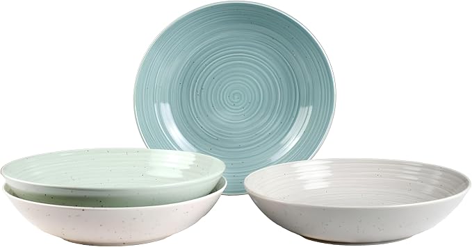 Sango Siterra Artist's Blend Stoneware Pasta Bowls (Set of 4) Multi Assorted Colors– Featuring Soft Gray, Blue, Green, and Ivory, for Everyday Dining & Entertainment, Microwave & Dishwasher Safe