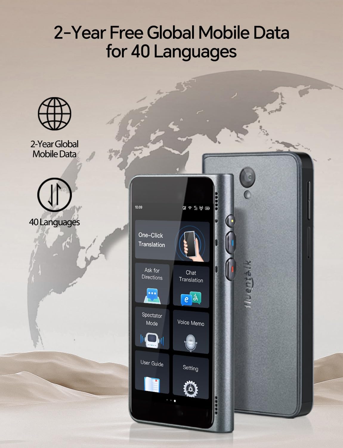 Timekettle Fluentalk T1 Translator Device - Supports 40 Languages, 31+ Offline Pairs, 4" HD Screen