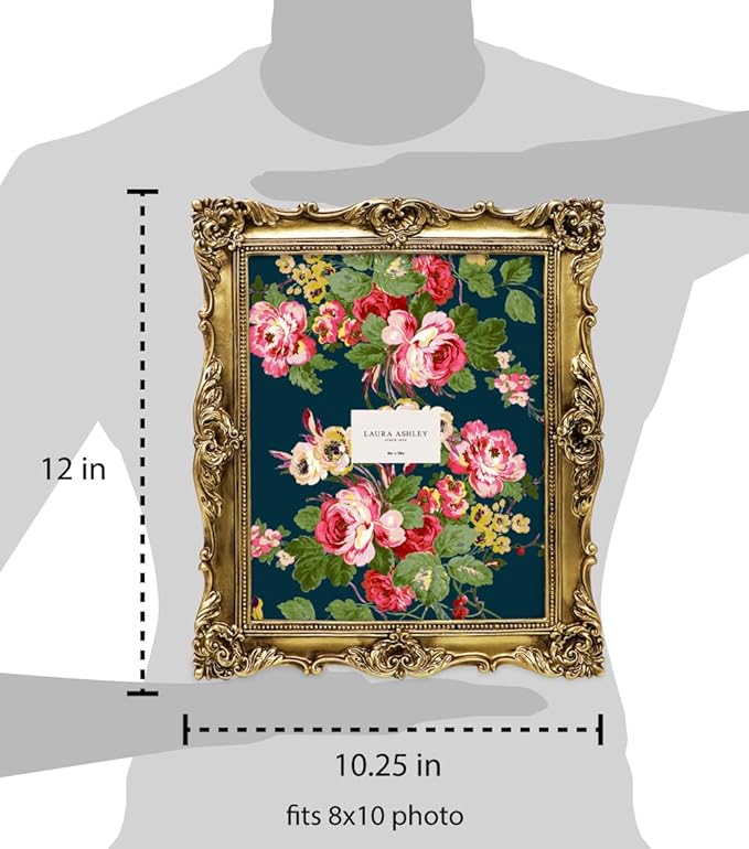 Laura Ashley 8x10 Gold Ornate Textured Hand-Crafted Resin Picture Frame with Easel & Hook for Tabletop & Wall Display, Decorative Floral Design Home Decor, Photo Gallery, Art, More (8x10, Gold)