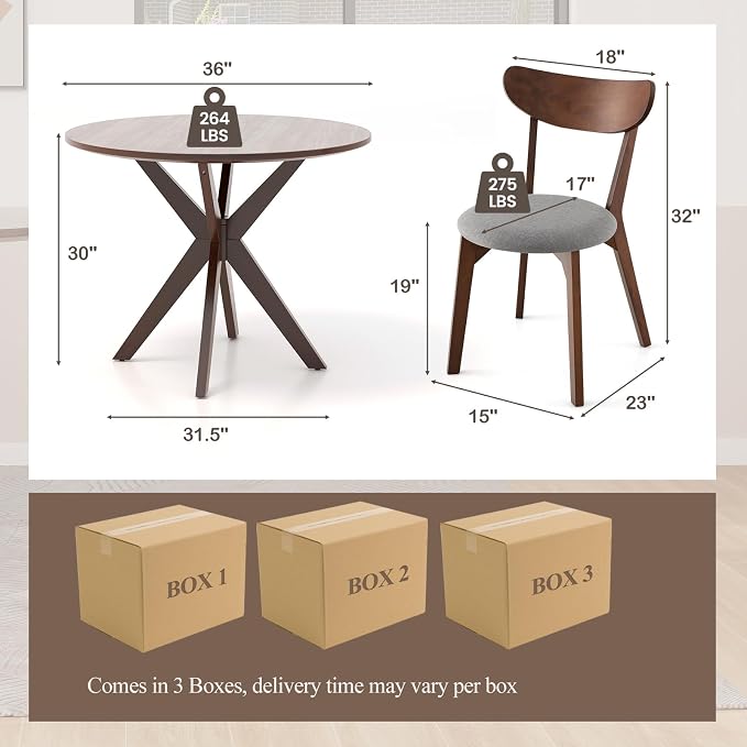 ERGOMASTER 5-Piece Dining Table Set for 4, 36" Kitchen Round Table with 4 Chairs, Rubber Wood Legs, Brown