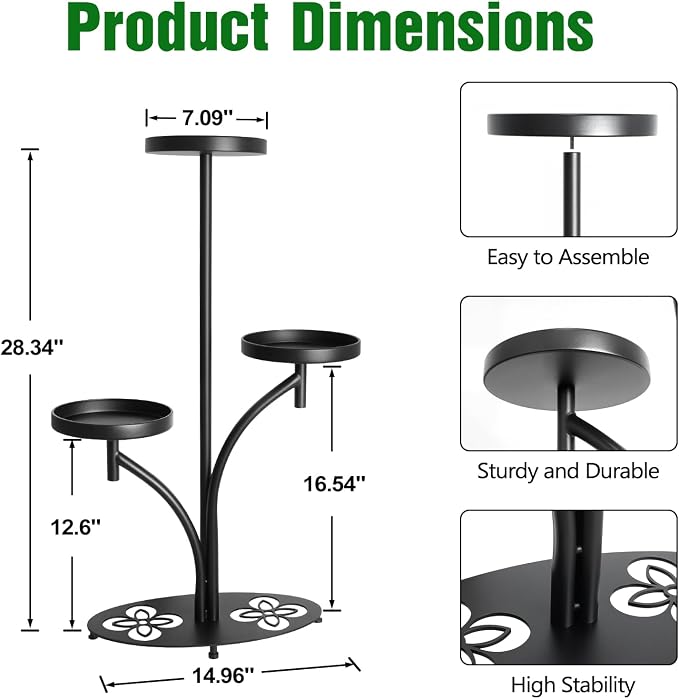 3 Tier Metal Plant Stand Indoor Outdoor, Tall Black Plant Shelf, Heavy-duty Base in the Shape of a Four-leaf Clover, Tiered Modern Corner Shelf, Suitable for Courtyard, Patio, Living Room, Bedroom