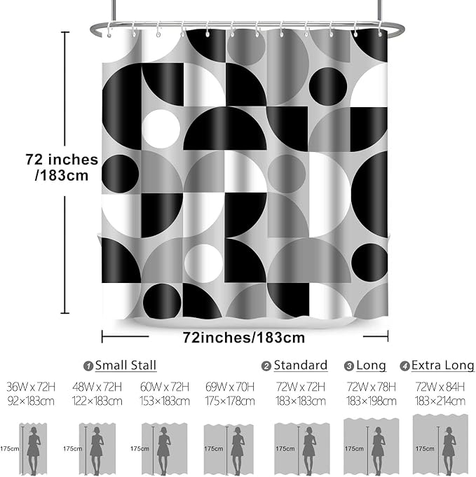 Black White and Grey Mid Century Modern Shower Curtain Boho Abstract Geometric Art Shower Curtains for Bathroom Decor 72x72 Inch Colorful Unique Pattern Washable Fabric Bathroom Set with 12 Hooks