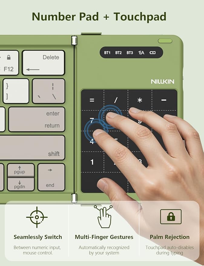 Nillkin Foldable Bluetooth Keyboard with Touchpad & Number Pad, Portable Bluetooth Keyboard with Full Size Keys, Pocket-Sized Wireless Travel Keyboards for iPad, Smartphone, Tablet and Laptop Green