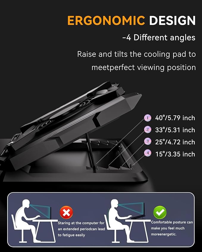 GSCOLER Laptop Cooling Pad, Gaming Laptop Cooler with 7.1 Inch Powerful Fan, RGB Lights & 3-Speed Fan Control & LCD Diamond Design, Height Adjustable Quiet Laptop Cooling Stand for 12"-21" Laptops etc