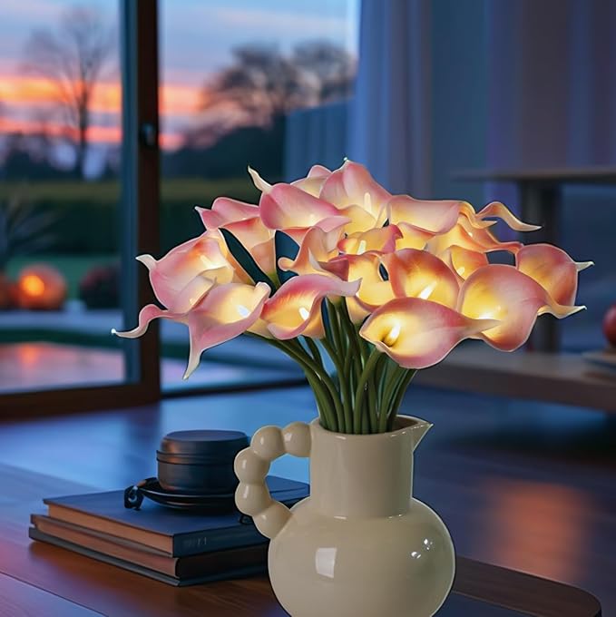 20pcs Lighted Artificial Calla Lily Bouquet Lamp Faux Floarl Night Light Real Touch Flower Night Lamp LED Calla Lily lighted Artificial Flower for Holiday Gifts Home Kitchen Decor(Light Pink)