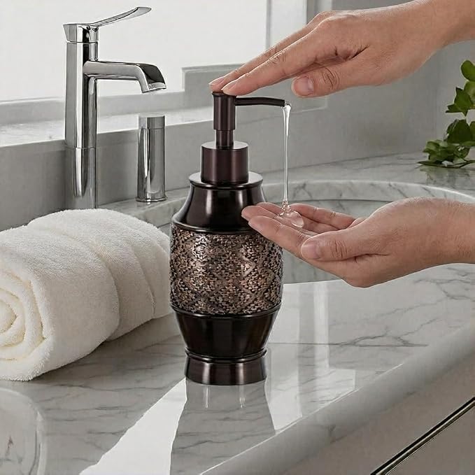 Creative Scents Dublin Brown Bathroom Soap Dispenser Set of 2 - Decorative Resin 8 Oz. Hand Soap and Lotion Dispenser Bottles with Durable Matching Pumps - Bathroom Countertop Accessories Decor
