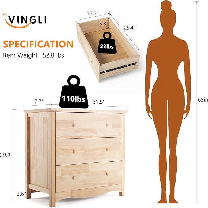 VINGLI Unfinished Solid Wood Dresser Color DIY, 3 Drawer Dresser for Bedroom, Natural Rubber Wood Chest of Drawers, Baby Dressers for Bedroom, Nursery, 17.7" D x 31.5" W x 29.9" H