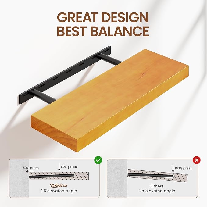 Heimlove Pine Wood Floating Shelves, 8 Inch Deep Real Wood Shelves Set of 2, Wall Mounted Rustic Wood 24x8 Floating Shelf with Invisible Brackets for Bedroom Kitchen Living Room - Honey Oak