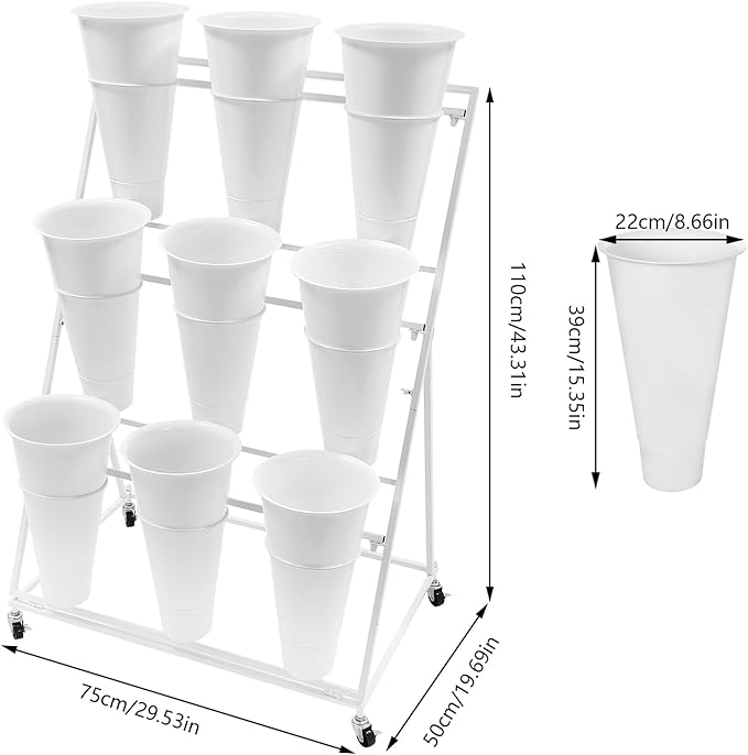DYRABREST Flower Display Stand with Buckets, White 3 Layers Metal Plant Stand with 9 Pieces Buckets, Moving Florist Bouquet Shelf for Fresh Flower Shop, for Patio Garden, Outdoor Flower Pop-Up Events