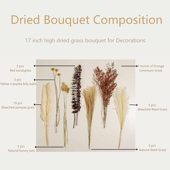 Musunny Dried Flower Bouquet,17" Fall Dried Flowers for Vase,Boho Pampas Grass Decor for Farhouse Home Room Office Decoration (Red)