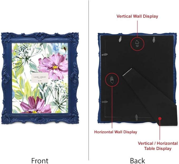 Laura Ashley 8x10 Navy Ornate Textured Hand-Crafted Resin Picture Frame with Easel & Hook for Tabletop & Wall Display, Decorative Floral Design Home Décor, Photo Gallery, Art, More (8x10, Navy)