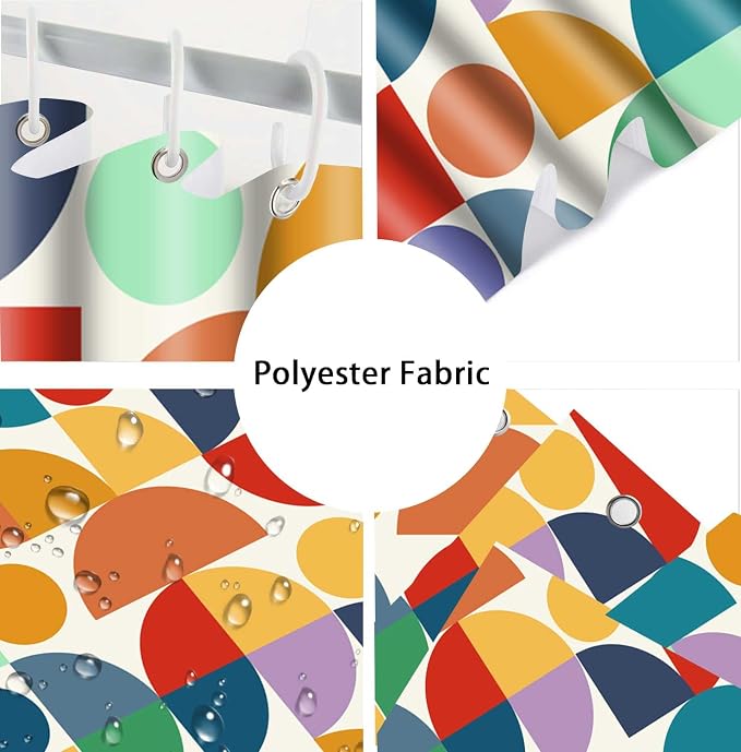 Vintage Colorful Rainbow Mid Century Shower Curtain Modern Abstract Geometric Art Bathroom Curtain Decor 72x72 Inch Washable Fabric Bright Retro Boho Circle Patterned Bath Curtain with 12 Hooks
