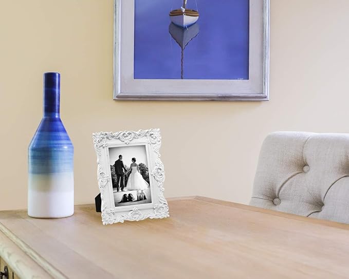 Laura Ashley 4x6 White Ornate Textured Hand-Crafted Resin Picture Frame with Easel & Hook for Tabletop & Wall Display, Decorative Floral Design Home Décor, Photo Gallery, Art, More (4x6, White)