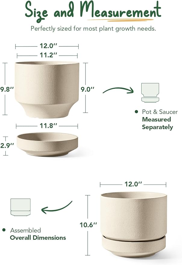 LE TAUCI 12 Inch Pots for Plants with Saucer, Ceramic Indoor Planter Pot for Plants with Drainage Hole, Mesh Pad & Plug Included, Unglazed Porous Ceramic, Modern for Home and Office, Speckled Oat