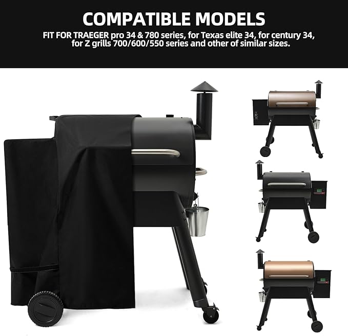 Pellet Grill Cover for Traeger Pro 34/780 Series with Waterproof Zipper, 600D UV Resistant & Rip-Proof Smoker Fabric, Full-Length Grill Accessories for Texas 34, for Z Grills 700 and More (Cover Only)