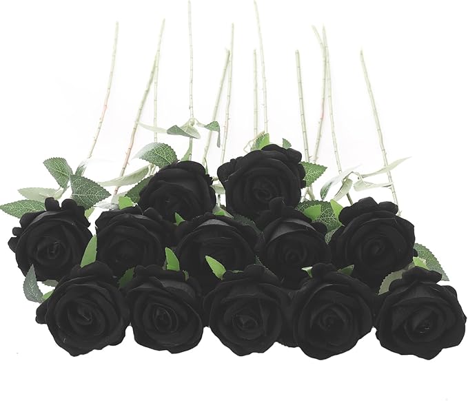 12Pcs Black Roses Artificial Flowers Fake Roses Faux Velvet Silk Flower for Home Wedding Decoration (Pearl Rose, Black)