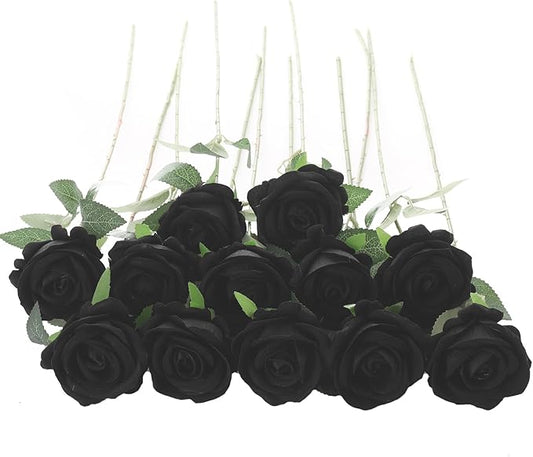 12Pcs Black Roses Artificial Flowers Fake Roses Faux Velvet Silk Flower for Home Wedding Decoration (Pearl Rose, Black)