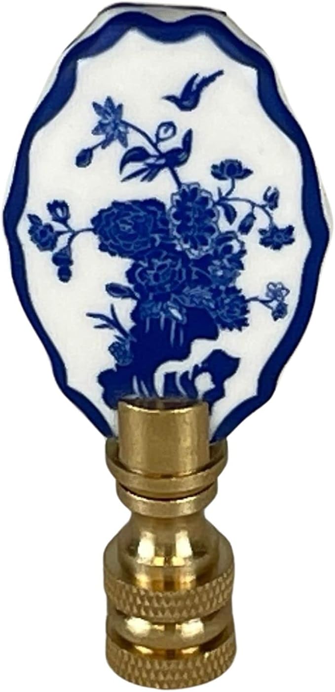Royal Designs, Inc. Blue & White Porcelain Oval Birds Design Finial for Lamp Shade, Polished Brass