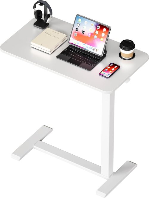 BIZUM Adjustable Bedside Table - Mobile Rolling Desk with Swivel Wheels & Cup Holder | 27.6"x15.8" White