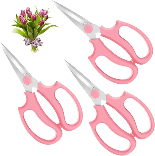 Housolution Flower Scissors, 3 Pack, Strong Floral Shears, Premium Steel Pointed Garden Pruning Shears Floral Fruits Leaf Scissors Hand Pruner Snip Trimming Tool for Gardening Flower Arrangement, Pink