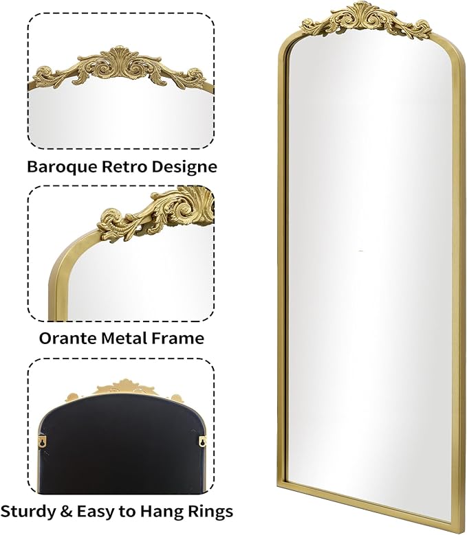 Vintage Gold Antique Arched Full Length Floor Mirror 22"X65",Traditional Elegant Baroque Floor Body Mirror with Ornate Matel Frame, French Wall Mirror for Dressing/Living Room/Hallway