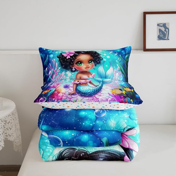 Cute Mermaid Full Size Comforter Set,Reversible Cute Girl Fish Scale Print Black Bedding Comforters Bedroom Collection,African Style Cartoon Fairy Tale Theme Bedding Set for Girls Teens