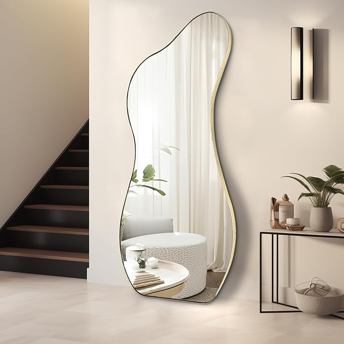 Large Irregular Wall Mirror, 63"x30" Asymmetrical Aesthetic Floor Mirror with Gold Metal Frame, Modern Organic Shaped Mirrors for Living Room Bedroom Hallway Entryway, Hanging or Leaning