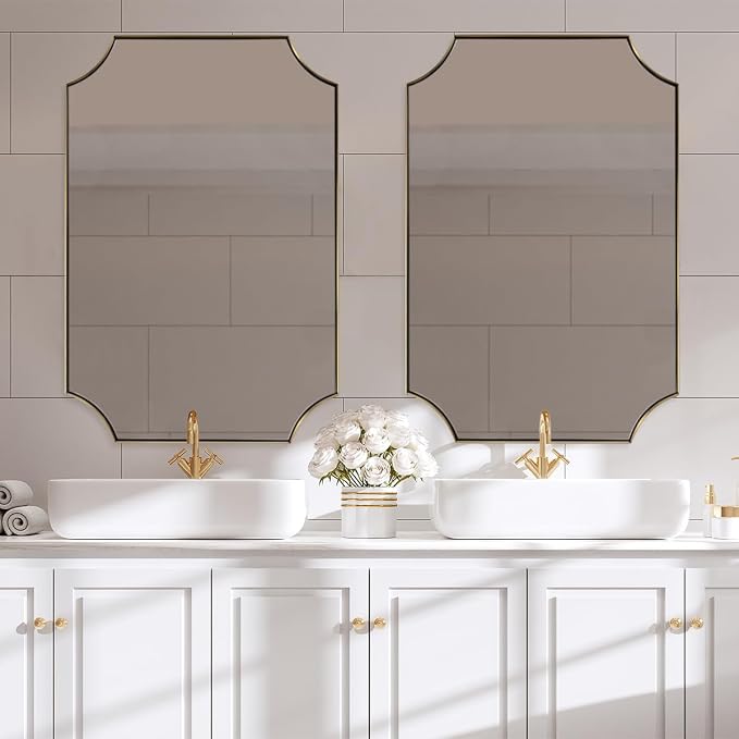 ANDY STAR 30x40 Inch Brushed Gold Mirror, Gold Scalloped Bathroom Mirror, Unique Rectangle Mirror in Never-Rust Stainless Steel Metal Frame, Wall Mount Vertical or Horizontal