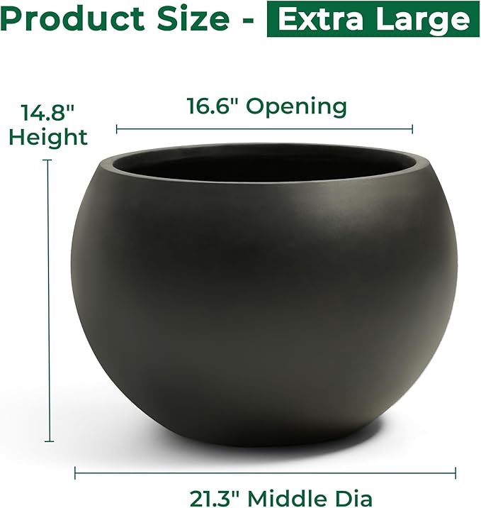 21.3" D Fiberstone Extra Large Planter, Black 16.6" Pot Opening x 14.8" H, Spherical Flower Pot with Drainage Hole, Weather Resistance Indoor Outdoor Planters