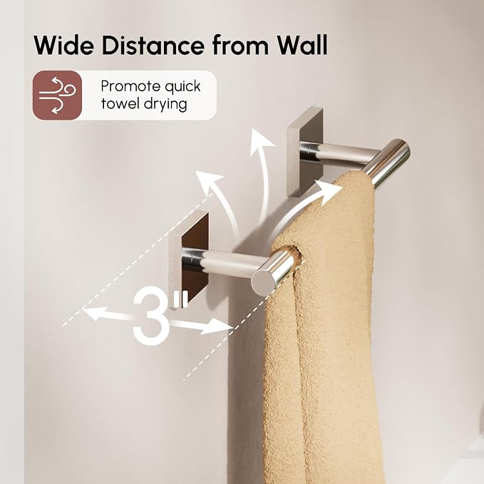 USHOWER Polished Chrome Hand Towel Bar, 9 Inch Towel Racks for Bathroom Wall Mounted, 304 Stainless Steel Towel Holder with Square Base, Modern Home Decor (Total Length 11 Inch)