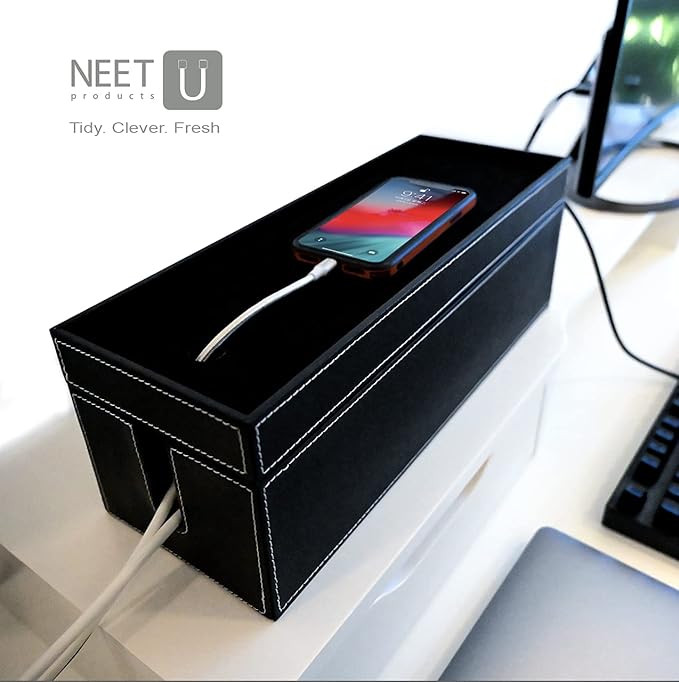 NEET Cable Management Box Large, Computer Cord Organizer, Hide and Conceal, Power Cable Organizer, Computers and Desks, Black Stitched Leather