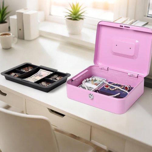 Jssmst Cash Box - Light Purple Money Saving Box with Key Lock | 9.84'' x 7.87'' x 2.6''