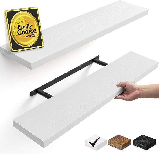 BAYKA Floating Shelves for Wall, Set of 2, 35.4 inches Long Wall Mounted Rustic Wood Shelves for Bathroom, Bedroom, Living Room, Kitchen, Office, Hanging Shelf for Books/Storage/Decor, White
