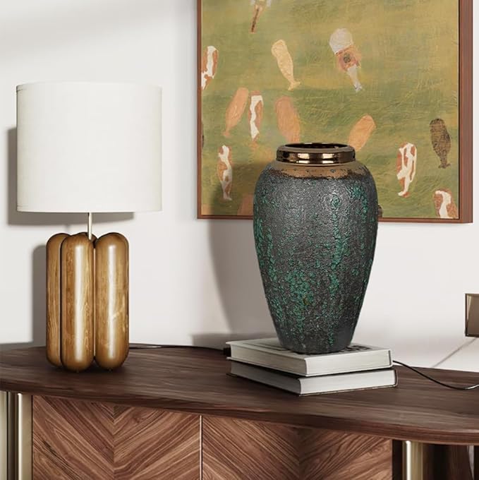 Ceramic Flower Vase, 12" Rustic Farmhouse Flower Vase with Wide Bronze Mouth, Vintage Tall Terracotta Vase for Home, Office, Living Room, Table, Shelf, Mantel Decoration