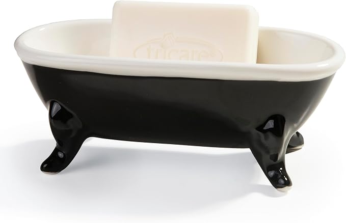 6.7" Ceramic Mini Clawfoot Bathtub Bar Soap Dish, Decorative Bar Soap Holder, Soap Tray Sponge Holder for Shower, Bathroom & Kitchen Sink (Black)