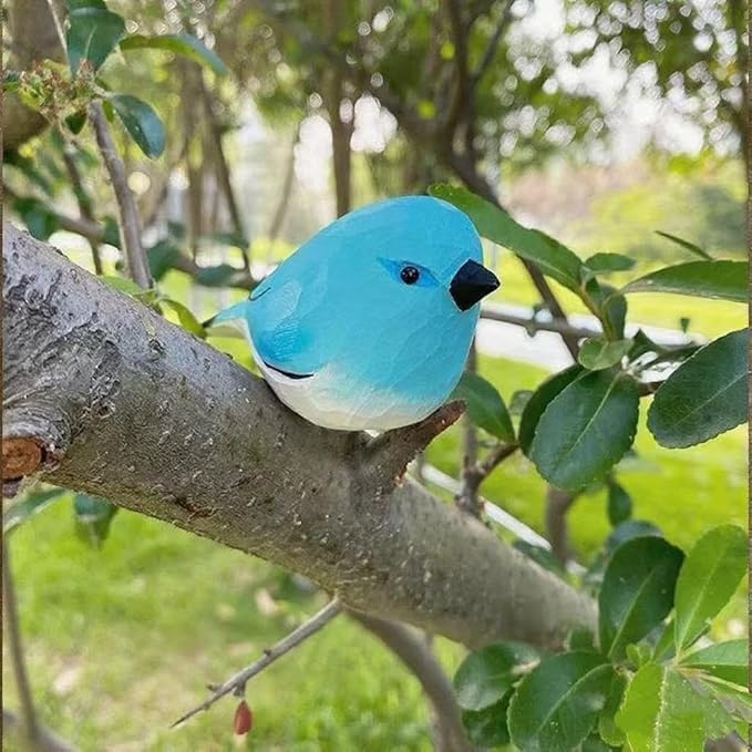 Handmade Wooden Blue Robin Figurine - 3.7" Hand-Carved & Painted Bird Statue - Solid Basswood Animal Sculpture for Home Office Decor, Holiday Ornaments & Memorial Gift for Bird Lovers