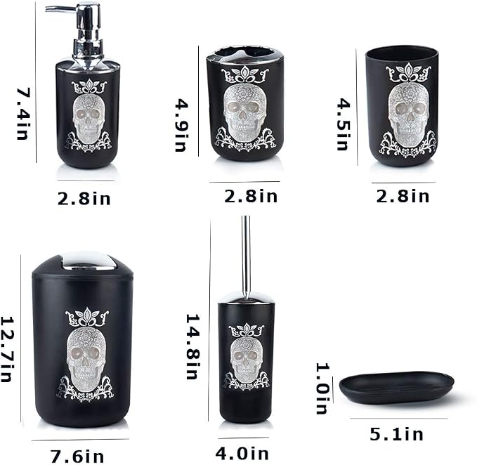 Halloween Bathroom Accessories Set 6 Piece Plastic Bathroom Ensemble Soap Dispenser Toothbrush Holder Tumbler Soap Dish Trash Can Toilet Brush Holder for Decorative Countertop Housewarming Gift(Black)