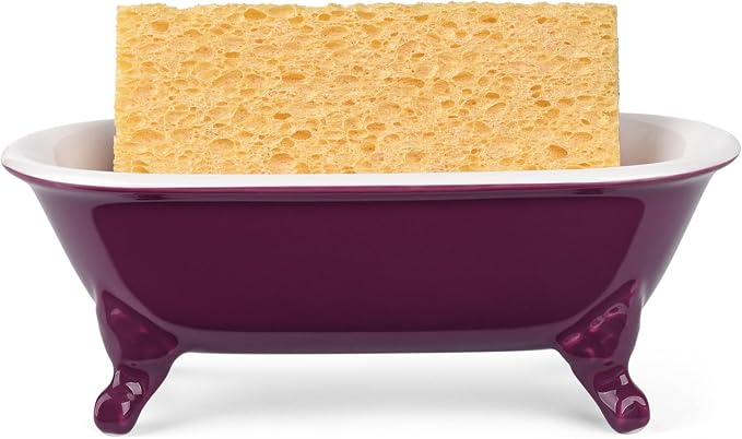 6.5" Ceramic Mini Decorative Clawfoot Bathtub Bar Soap Dish, Kitchen Sponge Holder and Shower Tray for Bathroom, 1 Pack(Burgundy)