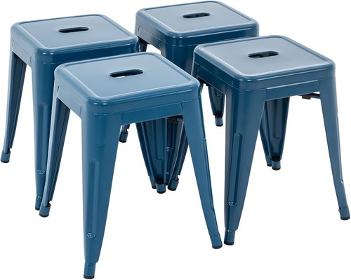 Brage Living 18-Inch Industrial Metal Stools - Set of 4 Stackable Backless Dining Chairs | Deep Blue