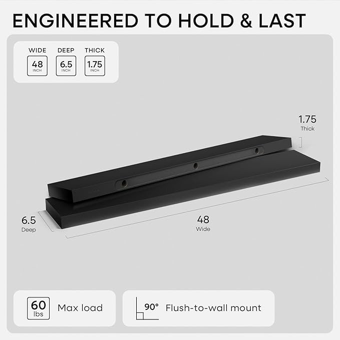 Homeforia Black Floating Shelf 48 inches, High End Solid Real Wood 48 inch Long Floating Shelves for Wall, Black Wooden 48inch Large Floating Shelves, Heavy Duty Bracket, 48 X 6.5 X 1.75 in, Set of 2
