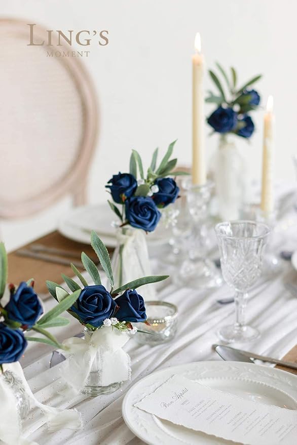 Ling's moment Artificial Rose Buds and Petite Roses w/Stem Pack of 24 for DIY Wedding Bouquets Centerpieces Decorations Boutonniere Corsages (Navy Blue)