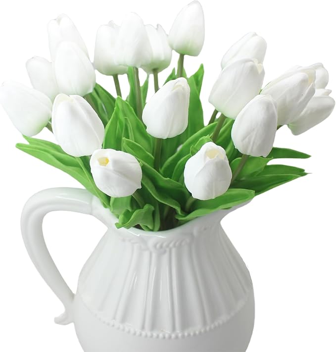 Artificial Tulips 10 Heads Mini Real Touch Artificial Flowers Fake Tulip for Home Decor Wedding Party DIY Bouquet Flowers (White)