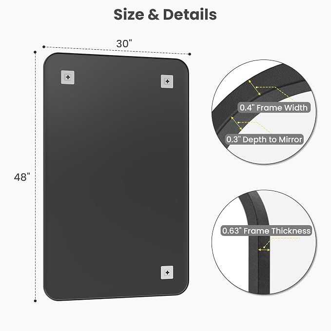 30x48 Inch Oversized Matte Black Bathroom Vanity Mirrors | Flush Mount Deep Set Metal Wall Mirror for Over Sink | HD Shatterproof Glass, Rustproof | 1 Pack