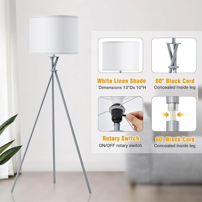 Tripod Floor Lamp Silver, 61”Tall Floor Lamps, Standing Lamp with Rotary Switch, Modern Floor Lamp Simple Design with White Shade, Floor Lamps for Living Room, Bedroom, Office, Without Bulb