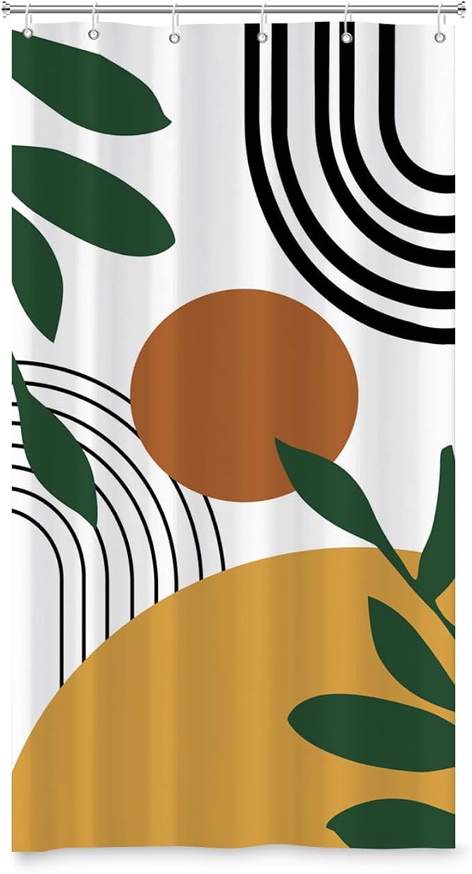 Boho Geometric Shower Curtain White Beige Mid Century Abstract Arch Curve Bathroom Curtain Minimalistic Sun Shower Curtain Sets for Bathroom Extra Long 36x72 in with 6 Hooks