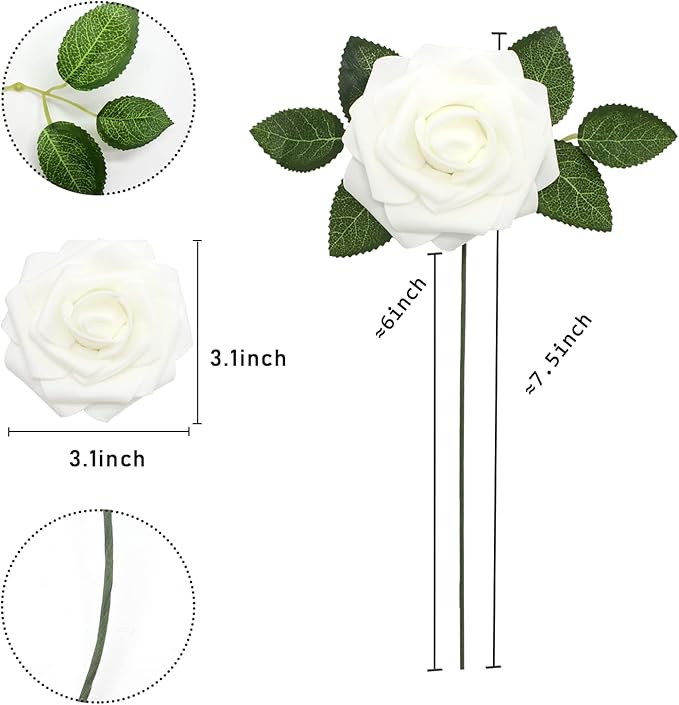 White Artificial Roses Flowers 100pcs Real Looking Foam Fake Roses with Stems for DIY Wedding Bouquets Bridal Shower Centerpieces Party Decorations (White)